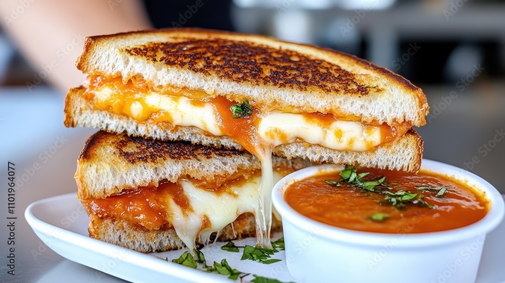 Crisp, buttery grilled cheese sandwich dripping with molten cheese, paired seamlessly with a steaming bowl of seasoned tomato soup, garnished with fresh herbs. Crisp, buttery grilled cheese sandwich dripping with molten cheese, paired seamlessly with a steaming bowl of seasoned tomato soup, garnished with fresh herbs.