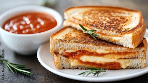 A mouthwatering grilled cheese sandwich with buttery, crispy bread and gooey melted cheese enjoyed next to a cup of tomato soup, garnished with a sprig of rosemary.