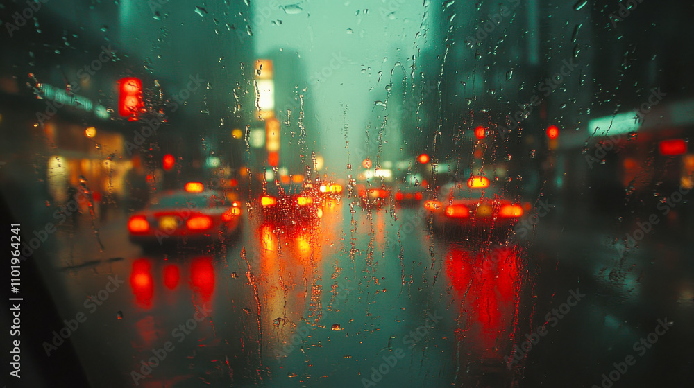 Fototapeta premium Rainy night cityscape view through car window with blurry lights and reflections