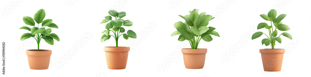Set Four potted plants showcasing lush greenery. Set Four potted plants showcasing lush greenery.