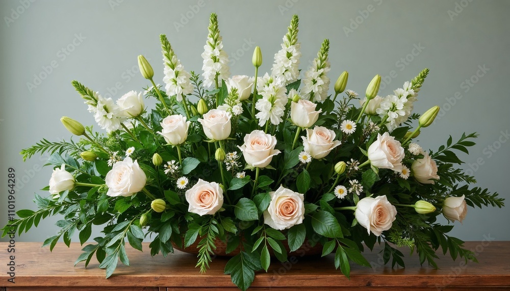 Elegant floral arrangement featuring soft pink roses, white lilies, and lush green foliage, perfect for formal events or serene memorial services.
Elegant floral arrangement featuring soft pink roses, white lilies, and lush green foliage, perfect for formal events or serene memorial services.