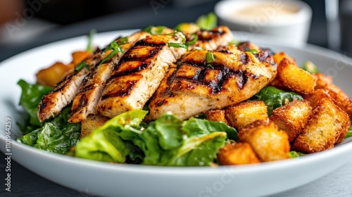 Tender grilled chicken served atop fresh, crisp lettuce, accented with crunchy croutons in a white dish, perfect for a delectable and nourishing meal.