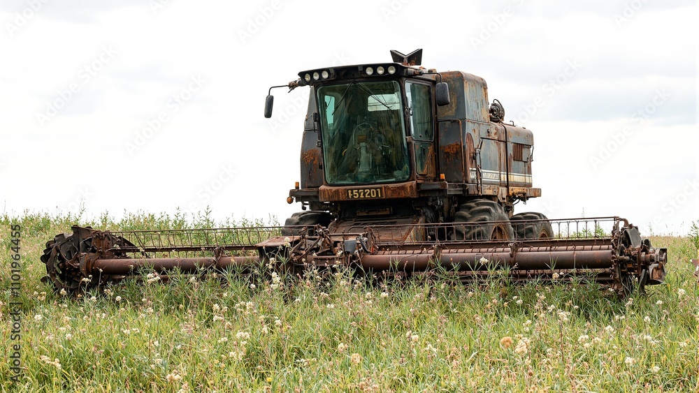 Rusty combine harvester in overgrown field with broken windows and wildflowers Rusty combine harvester in overgrown field with broken windows and wildflowers