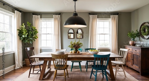 Casual dining spaces with farmhouse tables mismatched chairs and relaxed lighting
