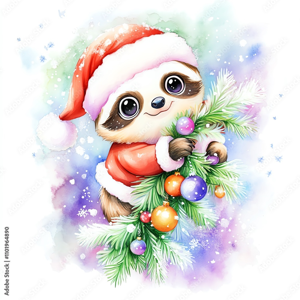 Cute sloth wearing a Santa hat, holding colorful ornaments on a festive branch, cheerful holiday vibes. Cute sloth wearing a Santa hat, holding colorful ornaments on a festive branch, cheerful holiday vibes.