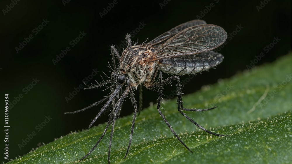 Fototapeta premium Detailed close up of a mosquito on a leaf showcasing its delicate features and intricate wings