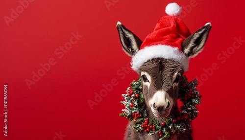 Adorable baby donkey adorned with a festive Christmas wreath exuding holiday cheer, embodying the essence of cute animals in Christmas spirit.