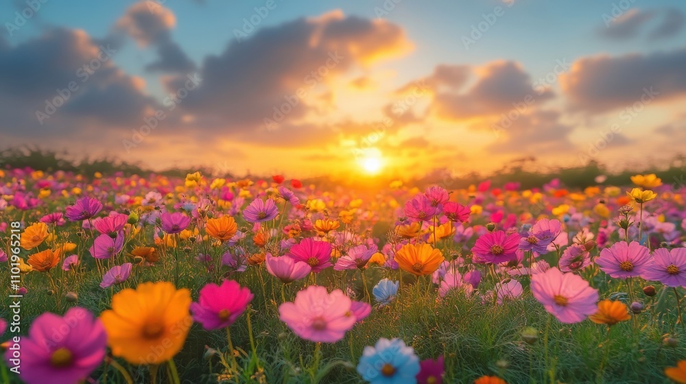 A vibrant field of flowers at sunset, showcasing nature's beauty and tranquility. A vibrant field of flowers at sunset, showcasing nature's beauty and tranquility.