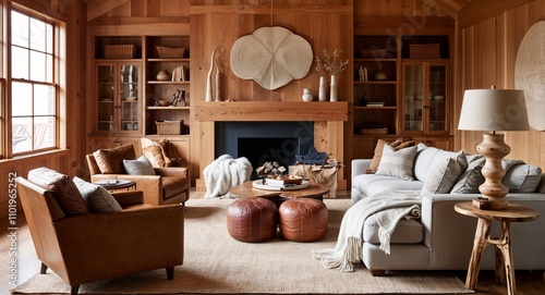 Warm living areas with soft textures like wool throws leather chairs and natural wood accents