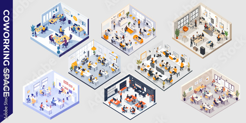 Isometric illustration of a modern coworking space with desks, computers, and people collaborating in a bright