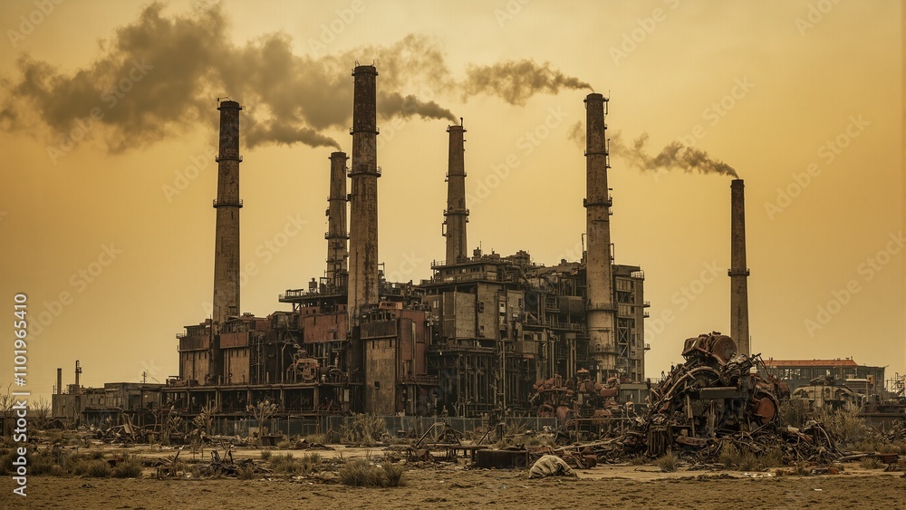 Abandoned power plant with rusted stacks and polluted sky