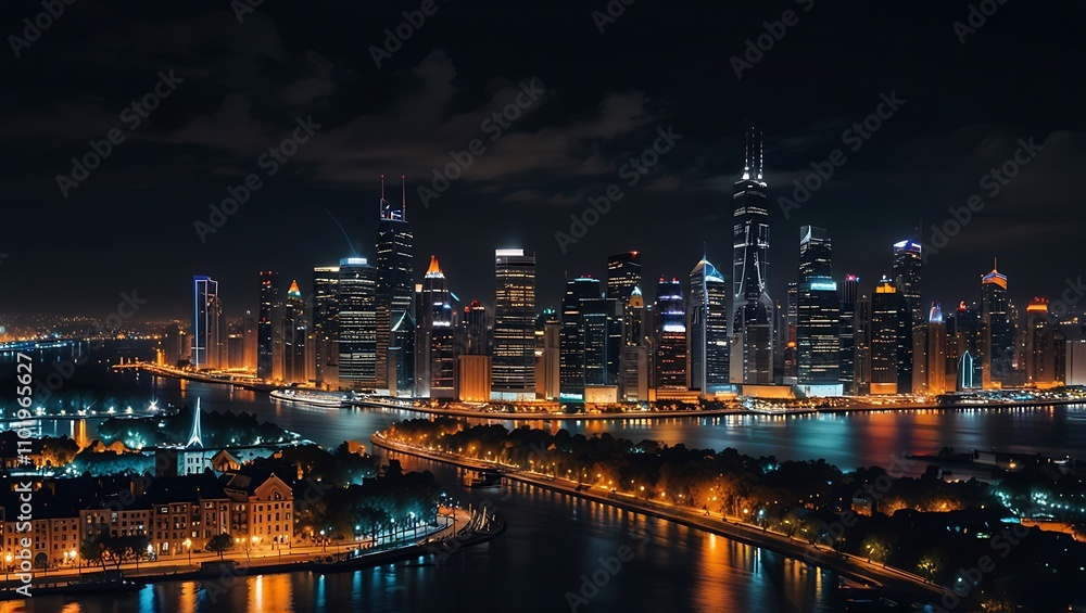 Night View of Shanghai Skyline with Illuminated Buildings and River Night View of Shanghai Skyline with Illuminated Buildings and River