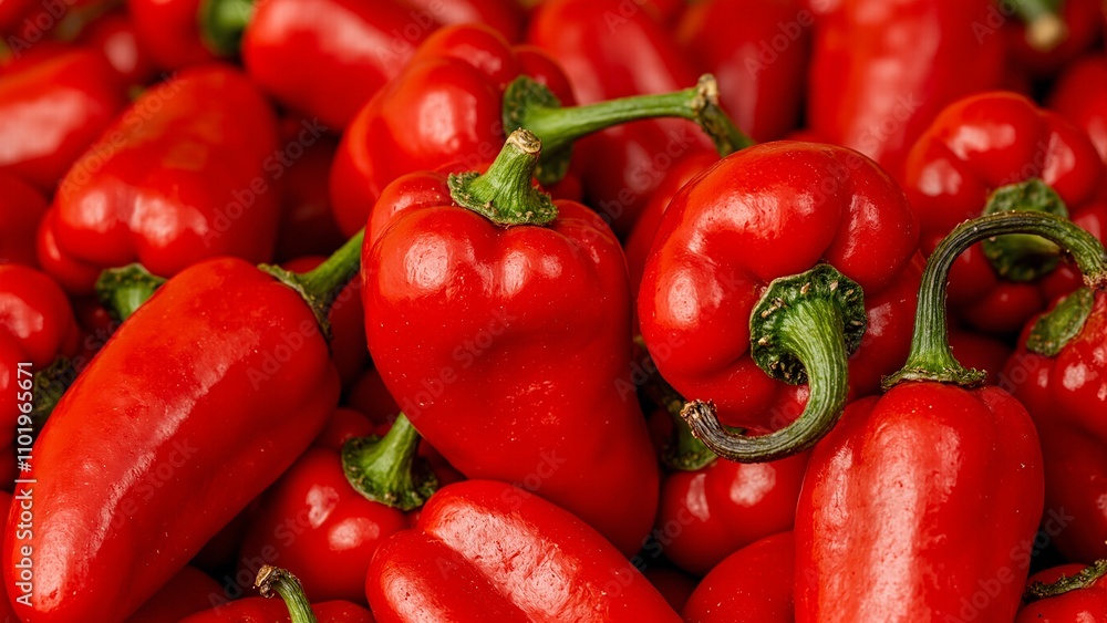 Vibrant red chili peppers with glossy skin and green stems Vibrant red chili peppers with glossy skin and green stems
