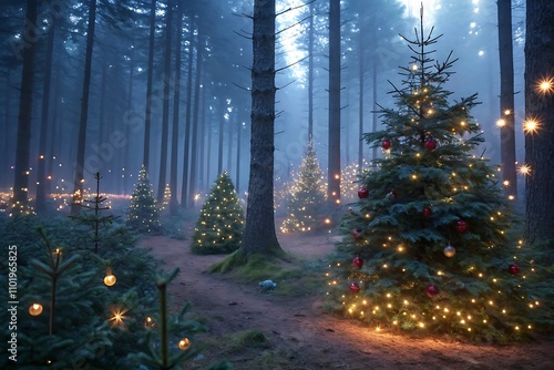 A magical forest illuminated by Christmas trees adorned with glowing lights, ornaments, and shining stars, set against a misty, starlit night. photo