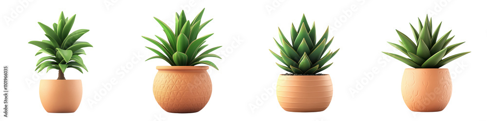 Set Green plants in clay pots arranged in a row Set Green plants in clay pots arranged in a row