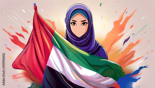 Arab middle eastern woman in hijab celebrating UAE National day, National Day of United Arab Emirates. National Day Concept Design, flag of united Arab emirates  photo