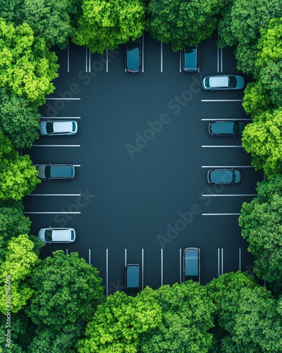 Aerial view of a parking lot surrounded by lush green trees, showcasing tranquility in urban development.