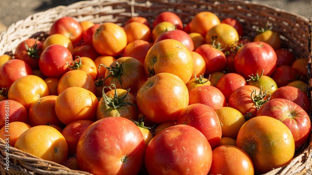 Freshly picked red and yellow heirloom tomatoes in rustic basket varying sizes and vibrant colors Freshly picked red and yellow heirloom tomatoes in rustic basket varying sizes and vibrant colors