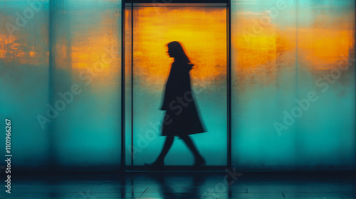 Silhouette of woman walking in front of vibrant sunset background indoors