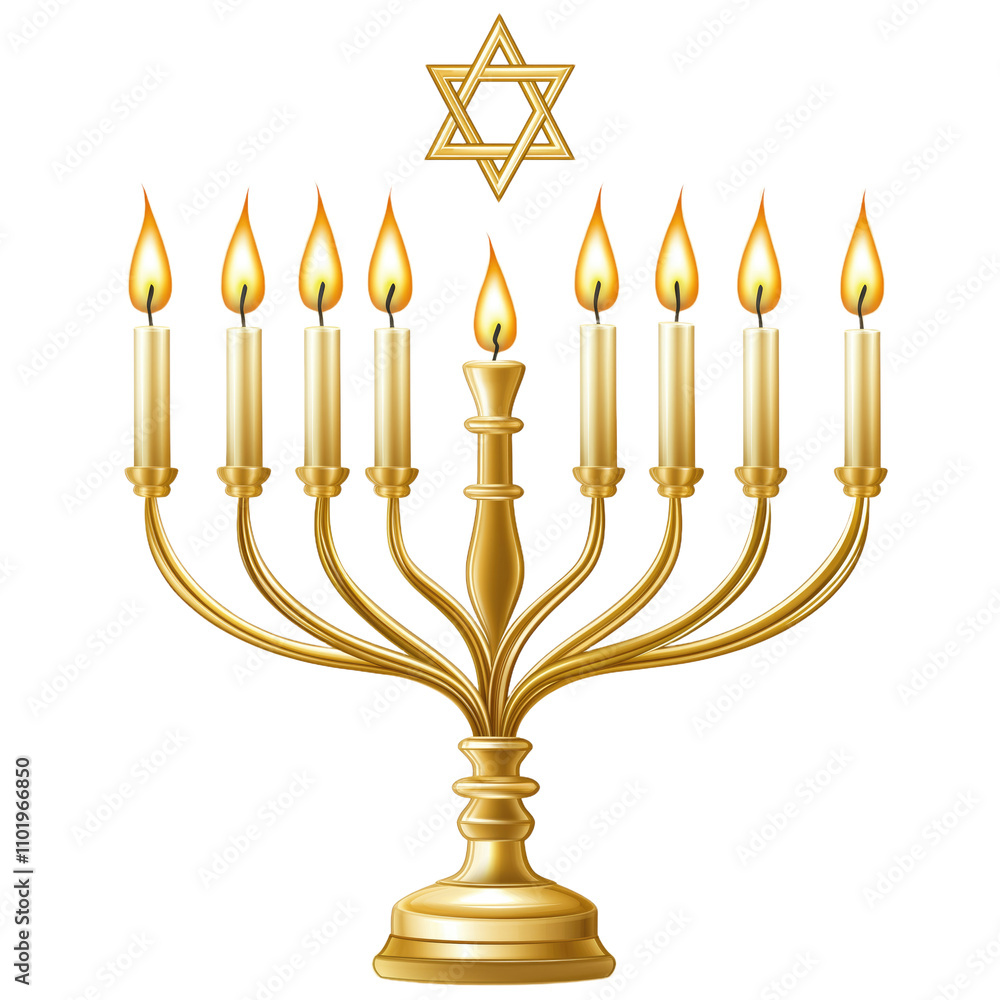 Vector Illustration of Star of David on Top of Menorah with Nine Candles Lit, Symbolizing Hanukkah, Jewish Celebration, and Cultural Tradition in Simple Clipart Style. Vector Illustration of Star of David on Top of Menorah with Nine Candles Lit, Symbolizing Hanukkah, Jewish Celebration, and Cultural Tradition in Simple Clipart Style.