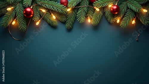 Decorated Christmas tree twigs with garlands and balls on a dark blue background