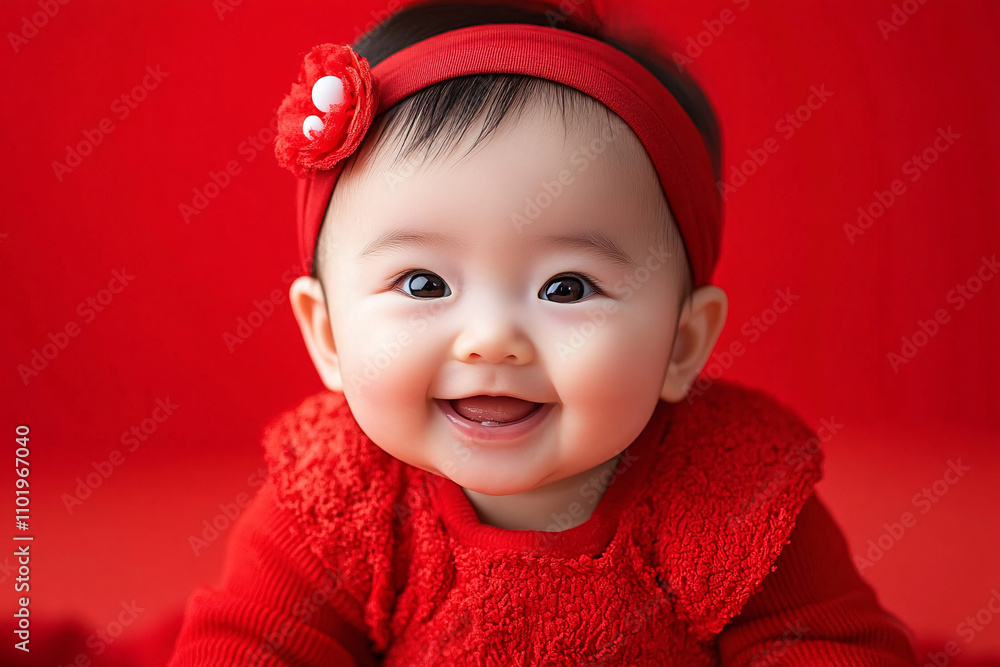 A joyful Asian baby in a vibrant red outfit against a solid red background, perfect for capturing the essence of Chinese New Year celebrations and family joy. A joyful Asian baby in a vibrant red outfit against a solid red background, perfect for capturing the essence of Chinese New Year celebrations and family joy.