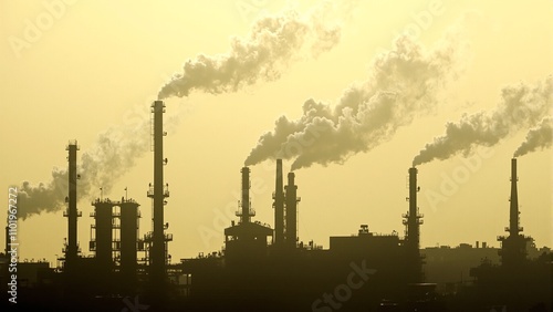 Industrial chemical factory emitting smoke with yellow haze and stark metal buildings