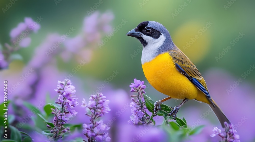Obraz premium Vibrant Yellow-Throated Bird Perched on Purple Flowers in a Lush Garden Setting