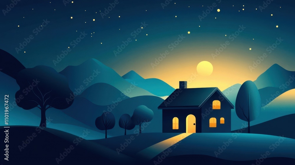 Peaceful Night Scene with House, Mountains, and Starry Sky Peaceful Night Scene with House, Mountains, and Starry Sky