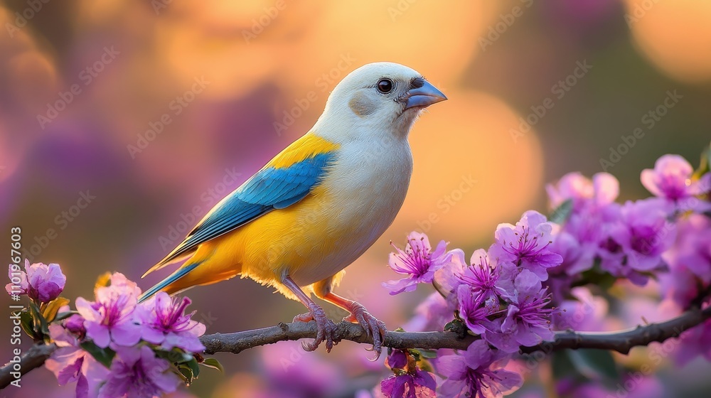 Vibrant Yellow and Blue Bird Perched on a Branch with Pink Blossoms in a Sunlit Garden Setting Vibrant Yellow and Blue Bird Perched on a Branch with Pink Blossoms in a Sunlit Garden Setting