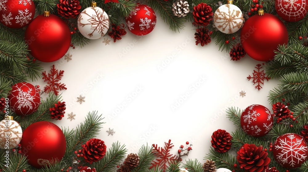 Festive Christmas Frame with Ornaments and Pine Cone Decorations Festive Christmas Frame with Ornaments and Pine Cone Decorations