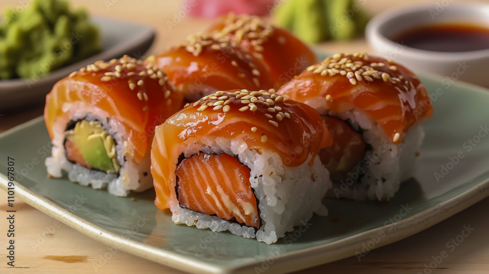 Tempting Sushi Rolls Filled with Fresh Salmon, Sprinkled with Sesame Seeds, and Accompanied by Soy Sauce and Wasabi. Tempting Sushi Rolls Filled with Fresh Salmon, Sprinkled with Sesame Seeds, and Accompanied by Soy Sauce and Wasabi.