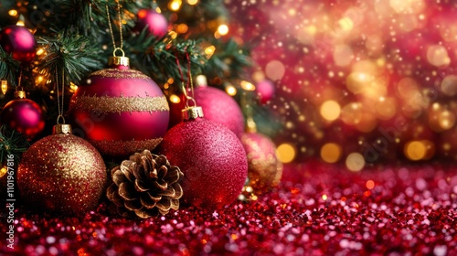 Festive Christmas Ornaments and Pinecone on Sparkling Red Background