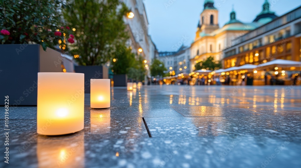 A captivating image of a grand cathedral illuminated in the evening, framed by a candlelit pathway in the city, offering a spiritual and peaceful urban retreat. A captivating image of a grand cathedral illuminated in the evening, framed by a candlelit pathway in the city, offering a spiritual and peaceful urban retreat.