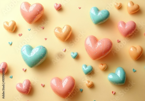 Colorful Hearts Floating on a Soft Yellow Background, Perfect for Celebrating Love and Affection in Various Creative Projects, Events, and Designs