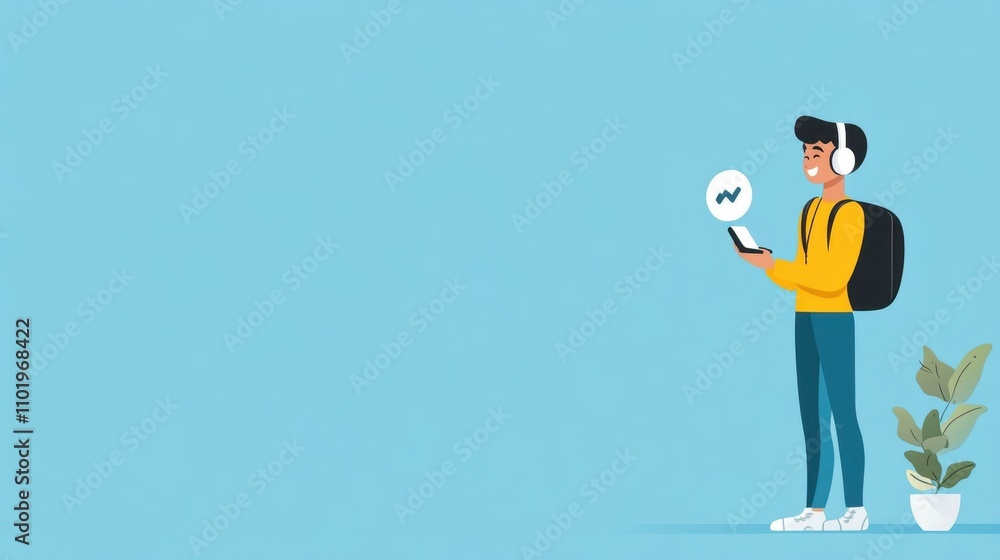 Young Man Enjoying Music with Headphones While Using Smartphone Young Man Enjoying Music with Headphones While Using Smartphone