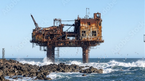 Rusted oil rig on rocky coast waves crashing seagulls flying   abandoned beauty