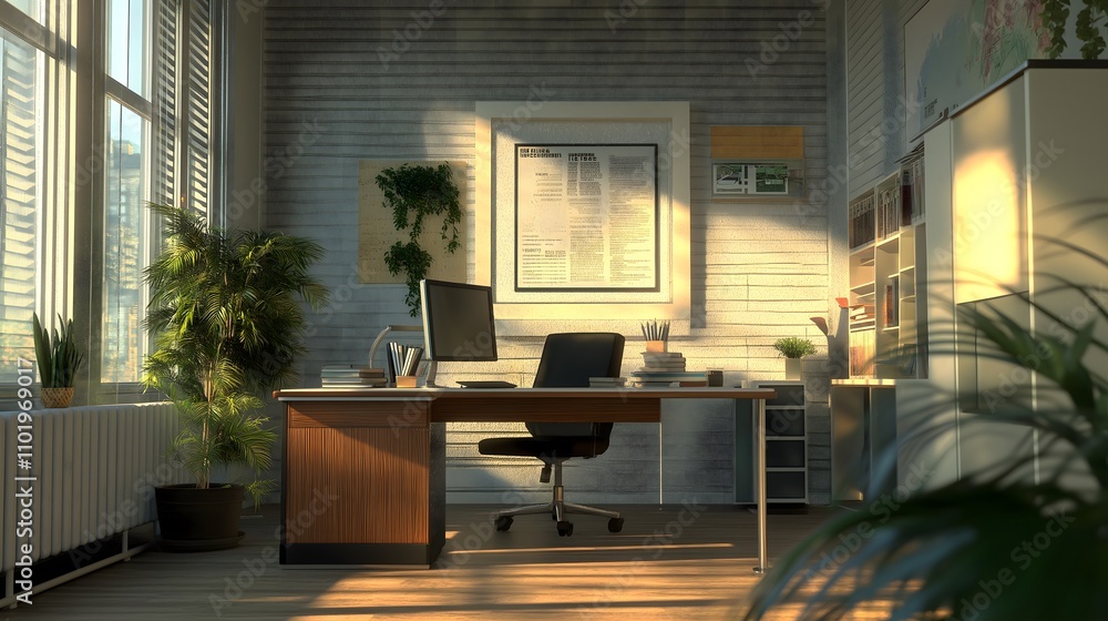 Sunlit modern home office with plants, desk, and computer. Sunlit modern home office with plants, desk, and computer.