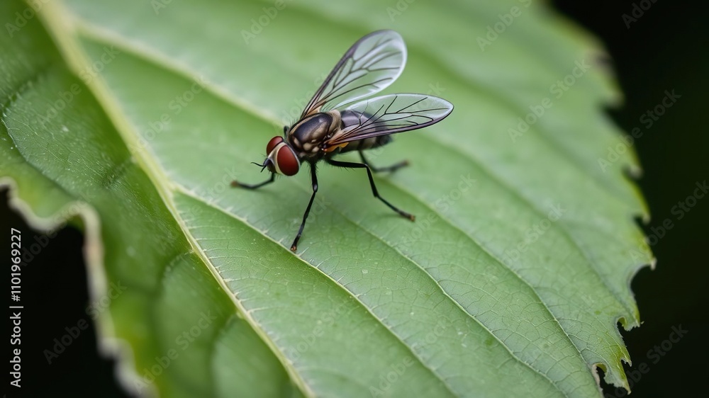 Close-up of sarcophaga fly landing on a large green leaf, flesh fly, sarcophaga, insect Close-up of sarcophaga fly landing on a large green leaf, flesh fly, sarcophaga, insect