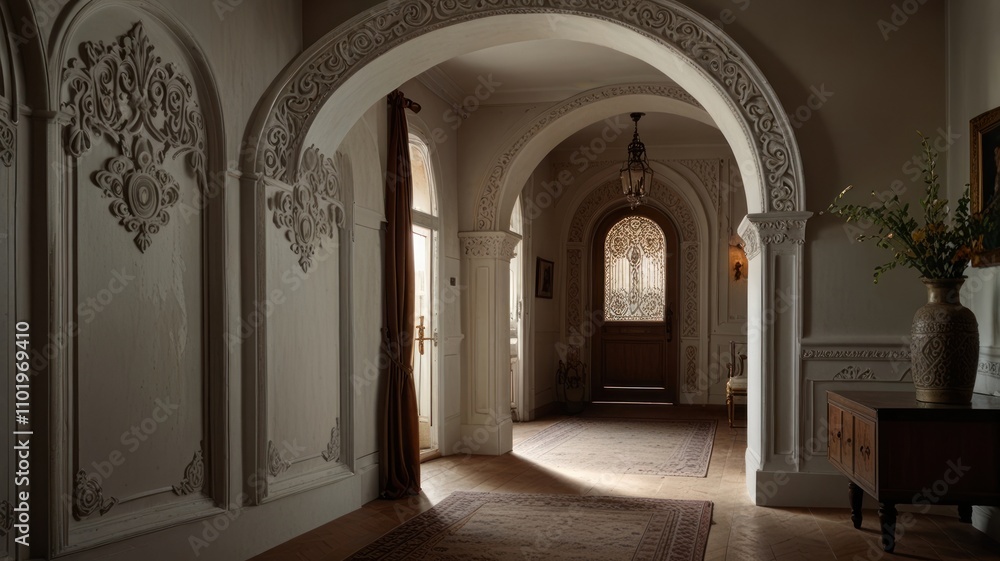 Elegant hallway with ornate arches, plasterwork, and antique furniture. Elegant hallway with ornate arches, plasterwork, and antique furniture.