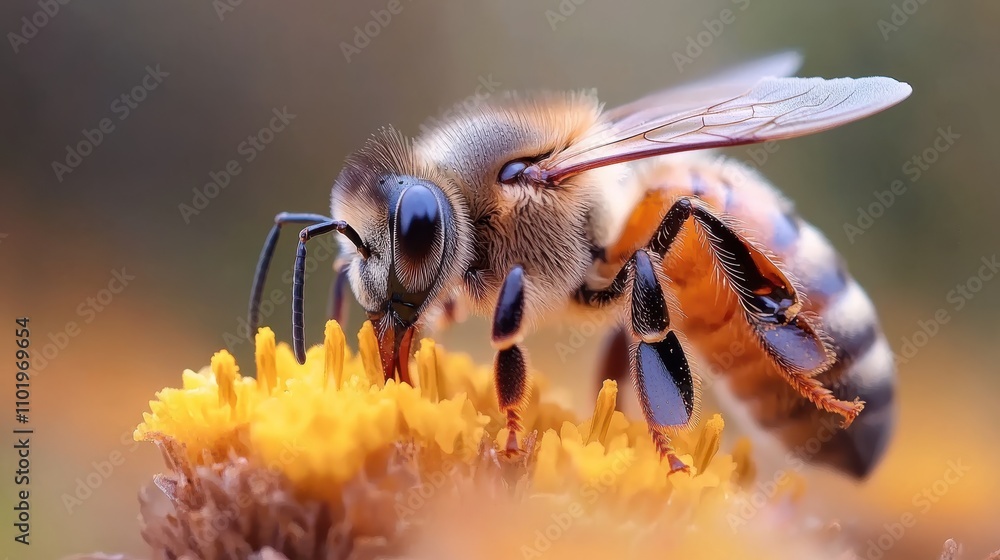 An up-close image of a bee diligently collecting nectar from a vivid yellow flower, highlighting the texture of its wings and the bright contrast of the scene. An up-close image of a bee diligently collecting nectar from a vivid yellow flower, highlighting the texture of its wings and the bright contrast of the scene.