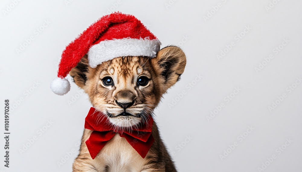 Adorable baby lion cub dressed in a festive bow and tiny Santa hat embodying the spirit of the holidays in a cute animal Christmas theme. Adorable baby lion cub dressed in a festive bow and tiny Santa hat embodying the spirit of the holidays in a cute animal Christmas theme.