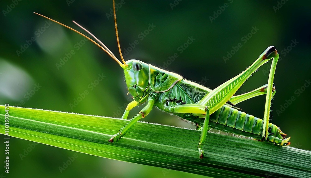 A close-up of a bright green grasshopper perched on a blade of grass A close-up of a bright green grasshopper perched on a blade of grass