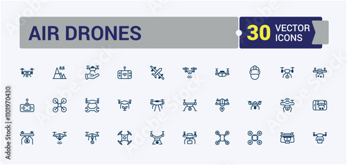 Air Drones icon collection. Contains such icons as copter, quad copter, flight, aerial, aviation, device and more. Outline symbol collection. Outline and solid pictogram.