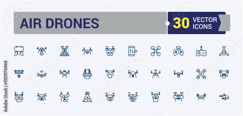 Air Drones icon collection. Contains such icons as copter, quad copter, flight, aerial, aviation, device and more. Outline symbol collection. Outline and solid pictogram.