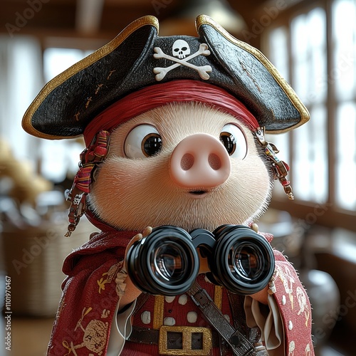 Captain Piggy's Lookout: An adorable 3D-rendered piglet, dressed as a swashbuckling pirate captain, peers through binoculars with a curious expression.  Perfect for children's books. photo