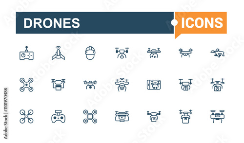 Drones icons in linear style. Featuring aviation, copter, vehicle, remote, drones, fly, flight and more. Minimalist thin linear icon. Solid line editable vector illustration.