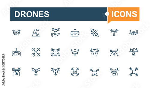 Drones icons in linear style. Featuring aviation, copter, vehicle, remote, drones, fly, flight and more. Minimalist thin linear icon. Solid line editable vector illustration.