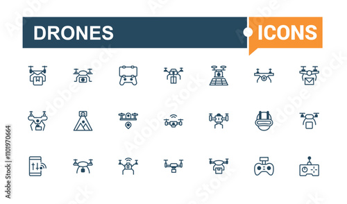 Drones icons in linear style. Featuring aviation, copter, vehicle, remote, drones, fly, flight and more. Minimalist thin linear icon. Solid line editable vector illustration.