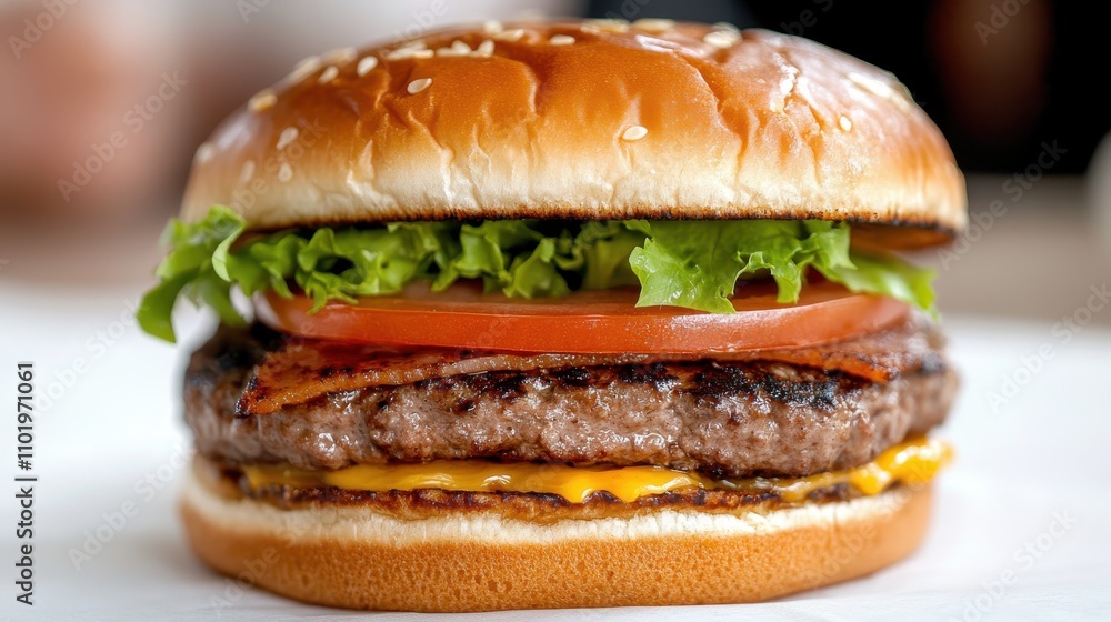 The image shows a classic burger with fresh toppings such as lettuce, tomato, and cheese, served on a white tray. The perfect depiction of a satisfying meal. The image shows a classic burger with fresh toppings such as lettuce, tomato, and cheese, served on a white tray. The perfect depiction of a satisfying meal.